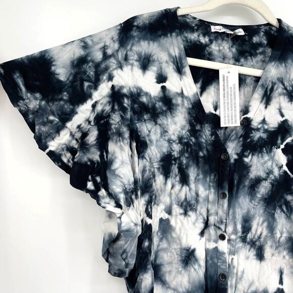 Young Fabulous & Broke Boho Black White Blouse Tie Dye Top Medium Flutter Sleeve - Picture 4 of 7